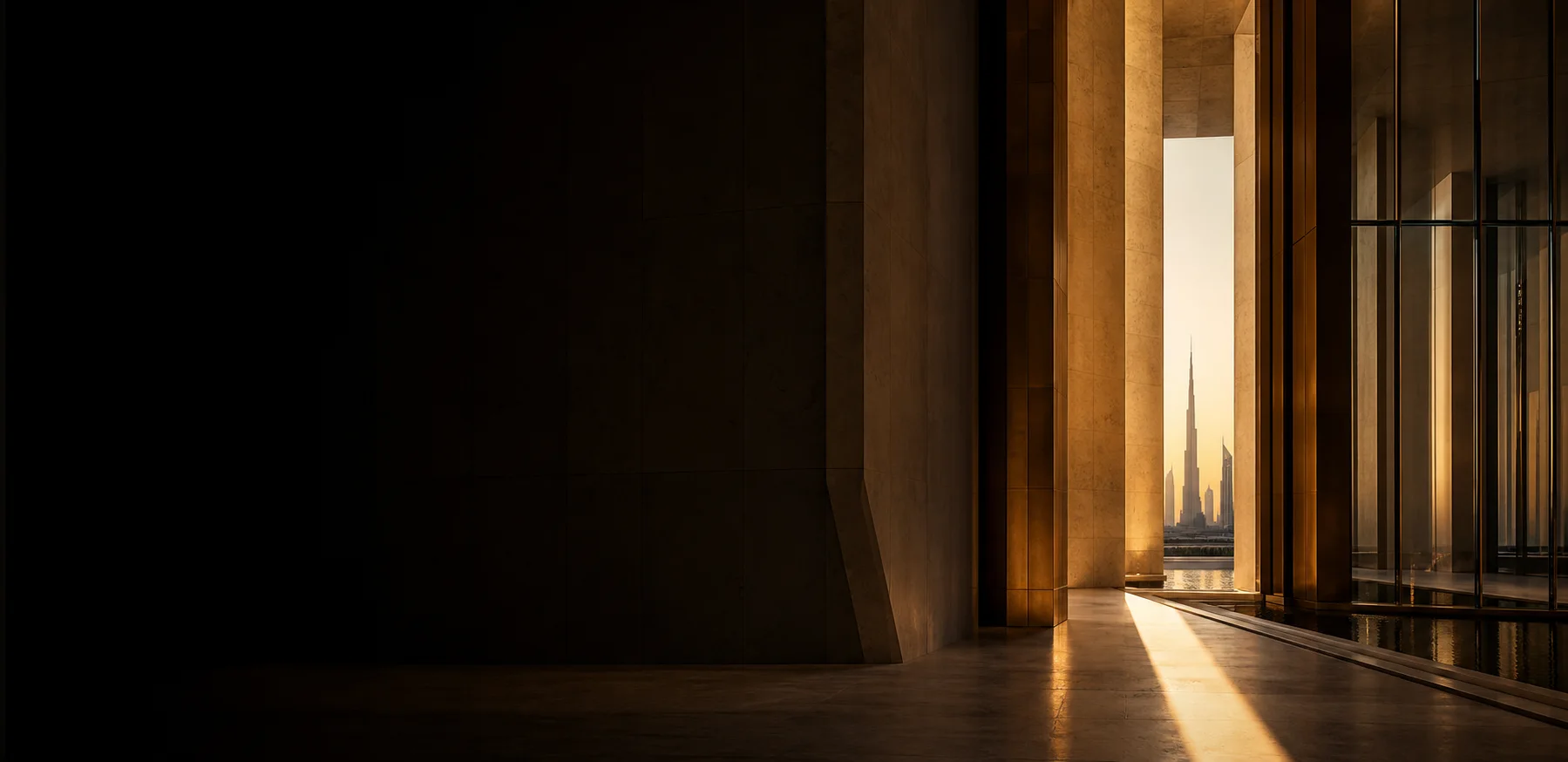 Monumental legal architecture opening toward the Dubai skyline